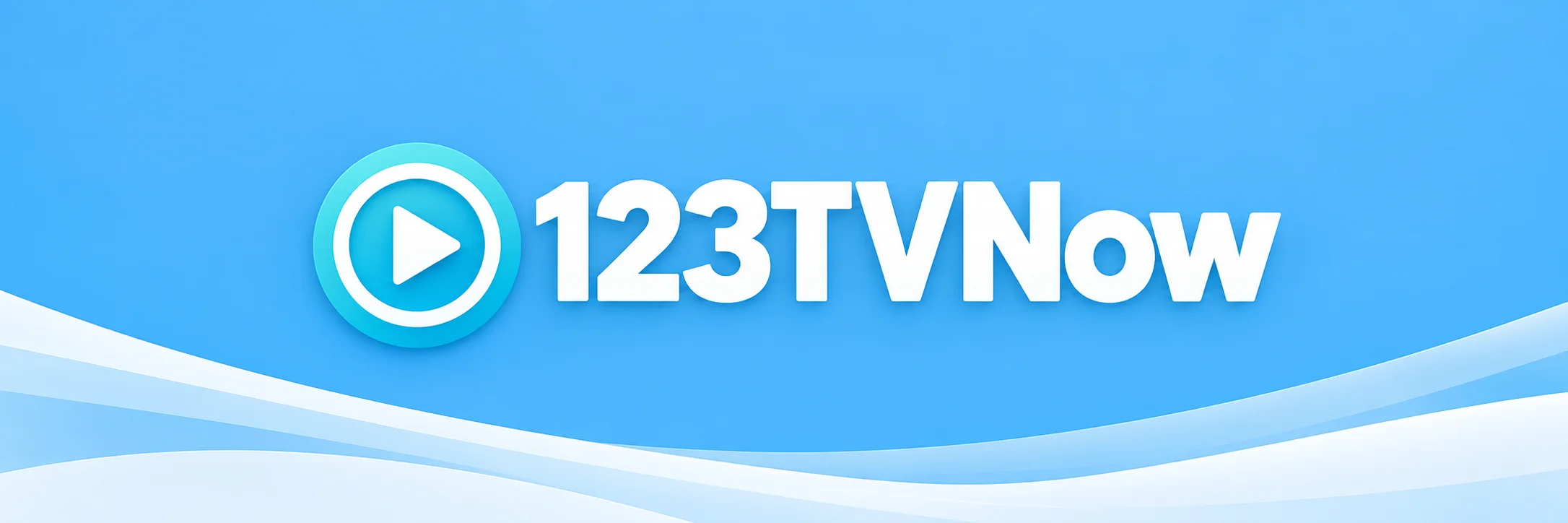 123TVNow white wordmark and turquoise play symbol on a sky-blue banner
